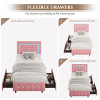 4 Ever Winner Twin Size LED Bed Frame with 2 drawers, Pink Twin Bed Frame with LED Light and Diamond Headboard, Modern Upholstered Bed Twin Size, Pink