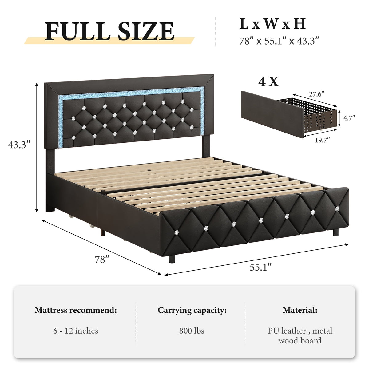 4 EVER WINNER Full Size LED Bed Frame with 4 Drawers, Black Full Bed Frame with LED Light Headboard, Modern Upholstered Bed with Diamond Headboard and Footboard, Black