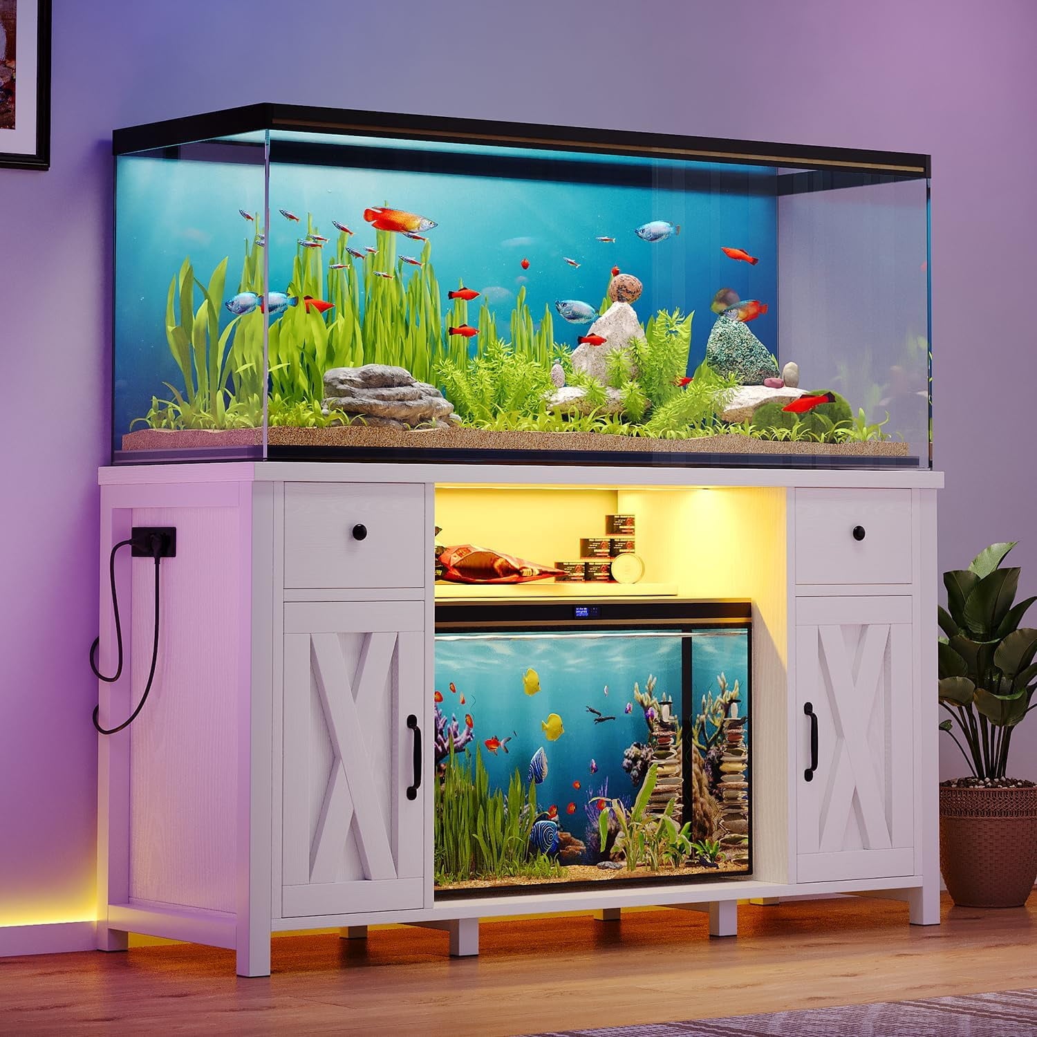4 EVER WINNER 55-75 Gallon Fish Tank Stand with LED Lights, 52" Aquarium Stand with Power Outlets, Heavy Duty Tank Stand for 2 Fish Tank, White