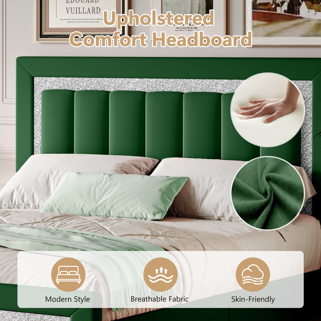 4 EVER WINNER Full Bed Frame with Headboard, Velvet Upholstered Platform Bed Frame Full Size with Diamond Headboard & Footboard, Wooden Slats Support, No Box Spring Required, Easy Assembly, Green
