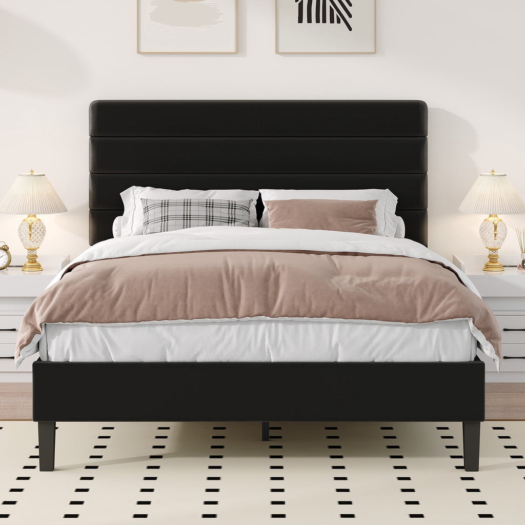 4 EVER WINNER Full Platform Bed Frame, Horizontal Stitched Black Velvet Headboard, Heavy-Duty Slat Support, Noise-Free Mattress Foundation, No Box Spring
