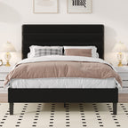 4 EVER WINNER Full Platform Bed Frame, Horizontal Stitched Black Velvet Headboard, Heavy-Duty Slat Support, Noise-Free Mattress Foundation, No Box Spring