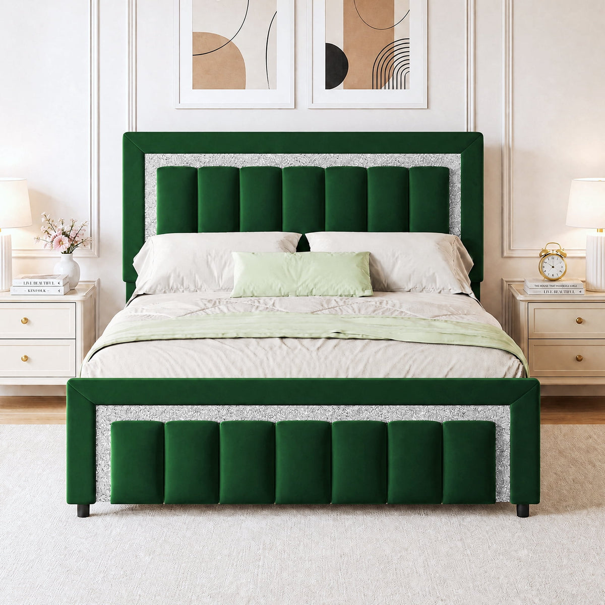 4 EVER WINNER Full Bed Frame with Headboard, Velvet Upholstered Platform Bed Frame Full Size with Diamond Headboard & Footboard, Wooden Slats Support, No Box Spring Required, Easy Assembly, Green