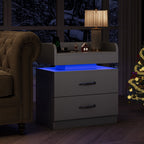 4 Ever Winner Grey Night Stand with Charging Station,Wood Nightstand with 2 Drawers Modern Style, LED Lights Wooden End Tables with Metal Handle Bedside Table for Living Room Bedroom