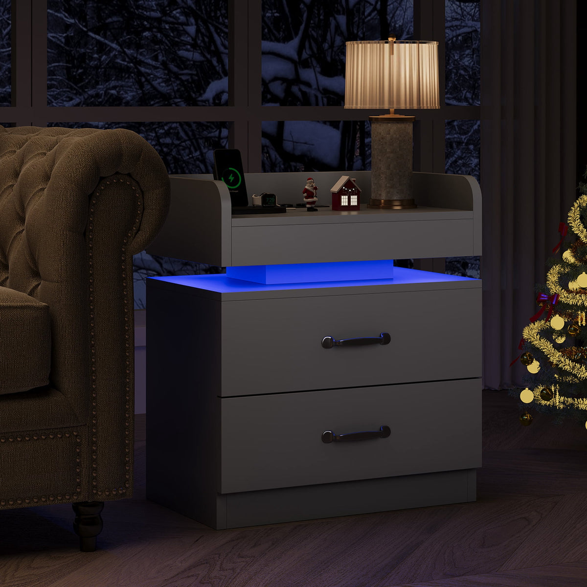 4 Ever Winner Grey Night Stand with Charging Station,Wood Nightstand with 2 Drawers Modern Style, LED Lights Wooden End Tables with Metal Handle Bedside Table for Living Room Bedroom