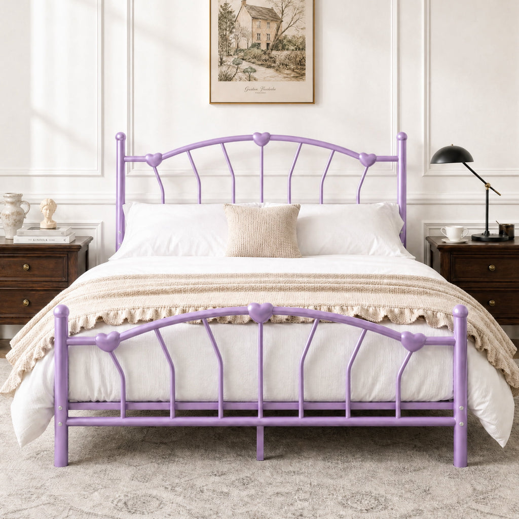 4 EVER WINNER Queen Size Metal Platform Bed Frame with Heart-Shaped Decorative Headboard and Footboard, 12.2" Under bed Storage Space, Purple