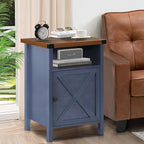 4 Ever Winner Farmhouse Rustic Nightstand Blue with Storage Cabinet and Shelf Set of 2