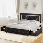 4 EVER WINNER Full Size LED Bed Frame with 4 Drawers, Black Full Bed Frame with LED Light Headboard, Modern Upholstered Bed with Diamond Headboard and Footboard, Black
