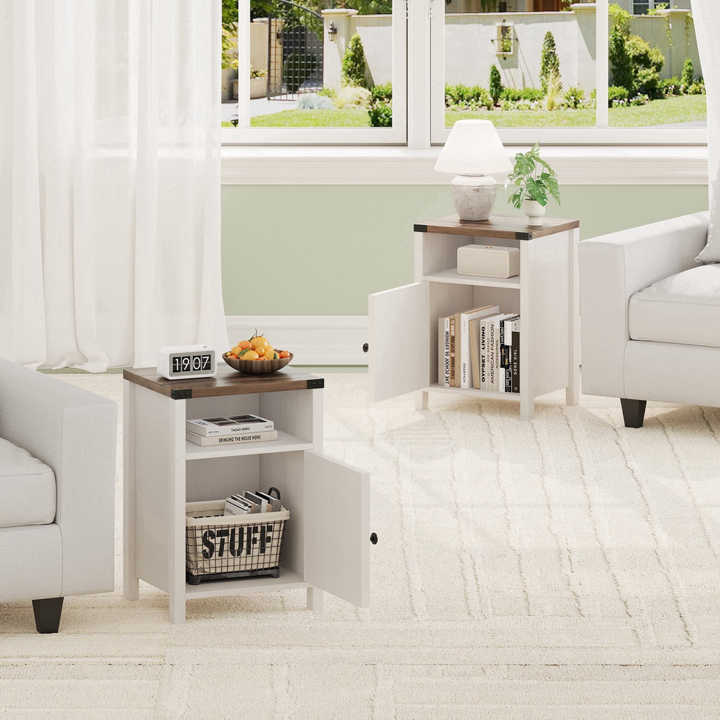 4 EVER WINNER Farmhouse 2-Pack Barn Door Side Tables, Cream White Storage End Tables, Cozy Bedside Tables for Bedroom & Living Room