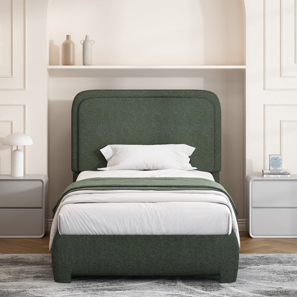 4 EVER WINNER Twin Size Bed Frame, Boucle Upholstered Bed Frame with Headboard, No Box Spring Required, Easy Assembly, Green
