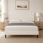 4 Ever Winner Queen Size Bed Frame, Upholstered Platform Bed with Headboard, Button Tufted Headboard, White