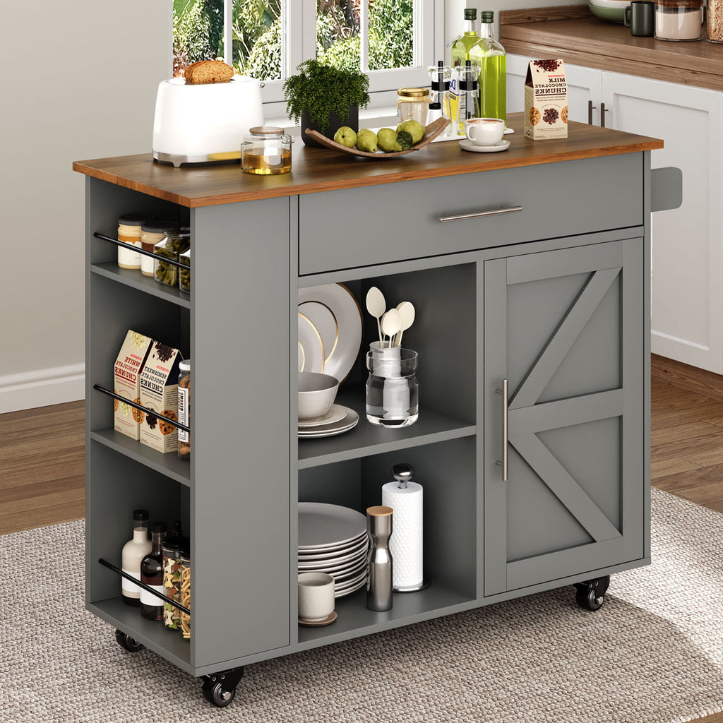 Kitchen Island on Wheels with Storage, Rolling Kitchen Cart with Spice Rack, Towel Rack, Open Shelves & Drawer, Portable Kitchen Island for Home, Grey