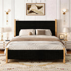 4 EVER WINNER Queen Size Corduroy Upholstered Bed Frame with Vertical Channel Design Headboard, Wooden Legs Platform Bed, No Box Spring Needed, Sturdy Noise-Free Structure, Easy Assembly, Black