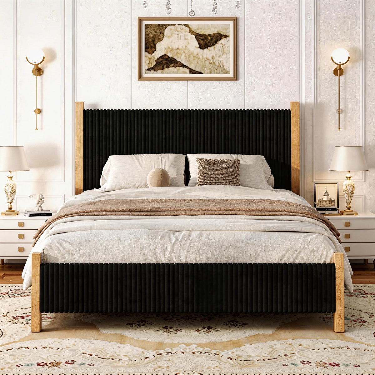 4 EVER WINNER Queen Size Corduroy Upholstered Bed Frame with Vertical Channel Design Headboard, Wooden Legs Platform Bed, No Box Spring Needed, Sturdy Noise-Free Structure, Easy Assembly, Black