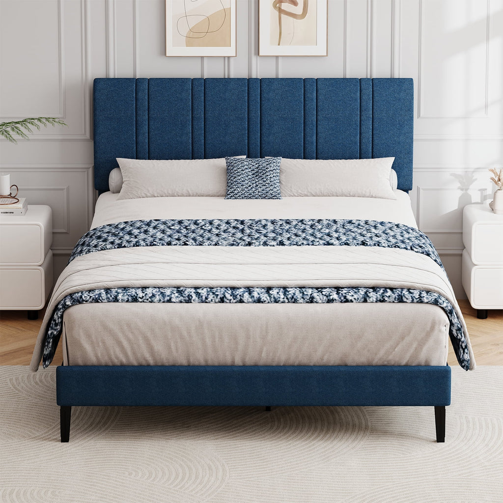 4 EVER WINNER Full Size Upholstered Platform Bed Frame with Headboard, Blue Full Bed Frame, No Box Spring Needed, Blue