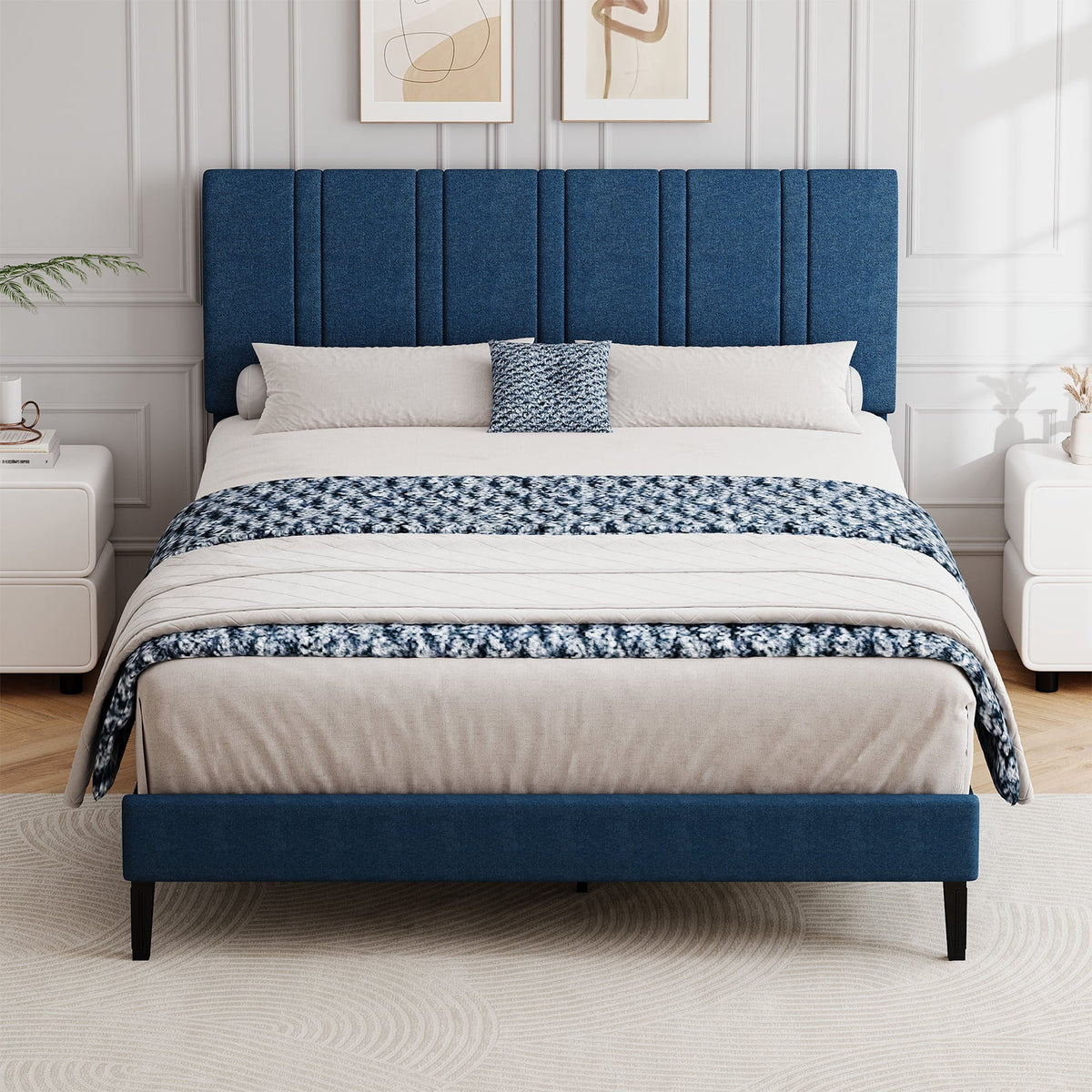 4 EVER WINNER Full Size Upholstered Platform Bed Frame with Headboard, Blue Full Bed Frame, No Box Spring Needed, Blue