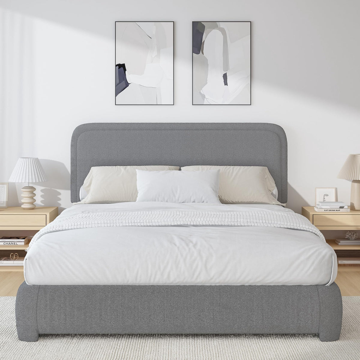 4 EVER WINNER Full Size Bed Frame, Boucle Upholstered Bed Frame with Headboard, No Box Spring Required, Easy Assembly, Light Gray