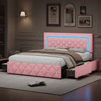 4 EVER WINNER Queen Size LED Bed Frame with 4 Drawers, Pink Queen Bed Frame with LED Light Headboard, Modern Upholstered Bed with Diamond Headboard and Footboard, Pink