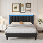 4 EVER WINNER Queen Black LED Upholstered Bed Frame, PU Soft Cushion Headboard, Stable Structure, No Box Spring Required, Quick Assembly for Home