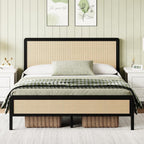 4 EVER WINNER Full Size Bed Frame, Rattan Bed Frame with Natural Rattan Headboard and Footboard, No Box Spring Needed, White