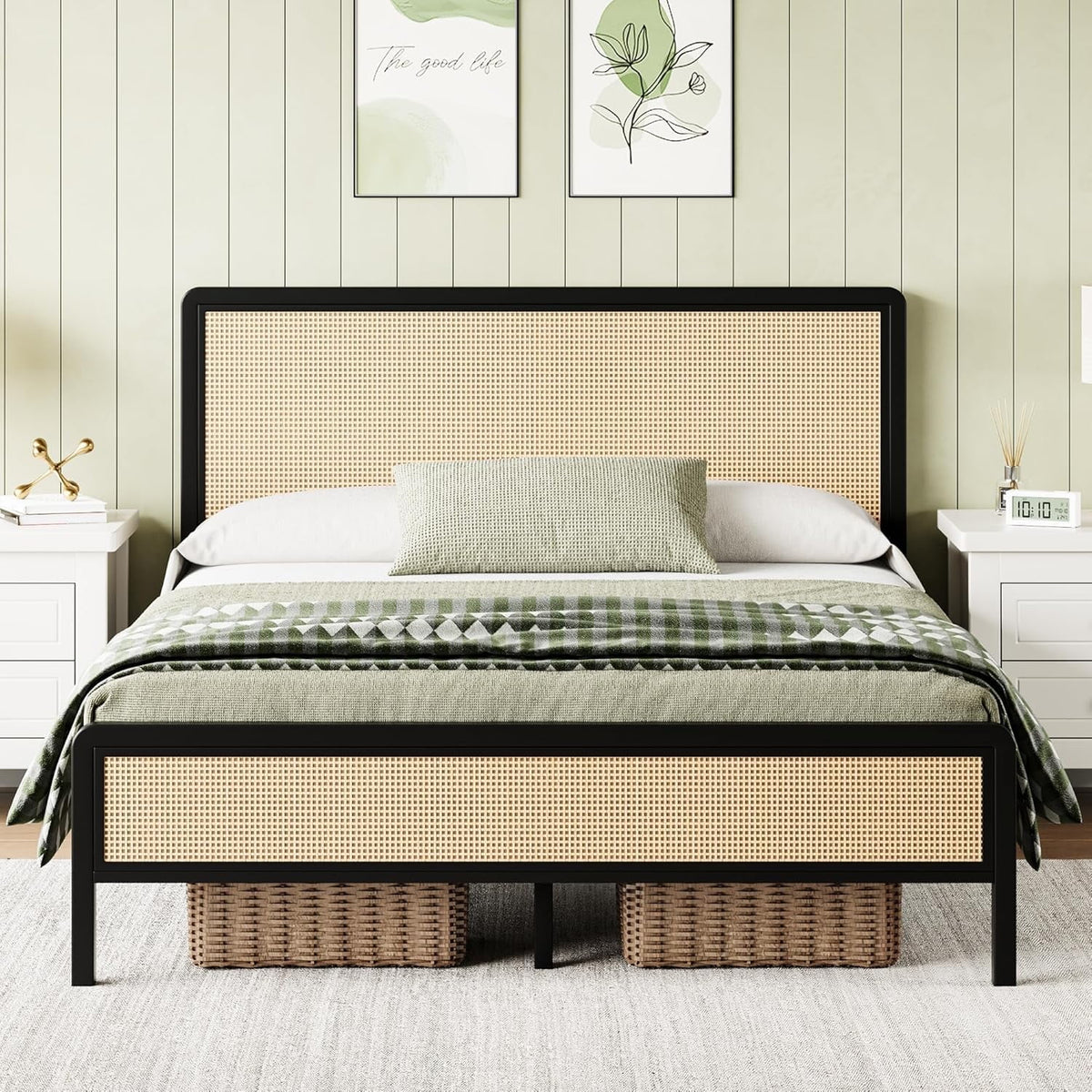 4 EVER WINNER Full Size Bed Frame, Rattan Bed Frame with Natural Rattan Headboard and Footboard, No Box Spring Needed, White
