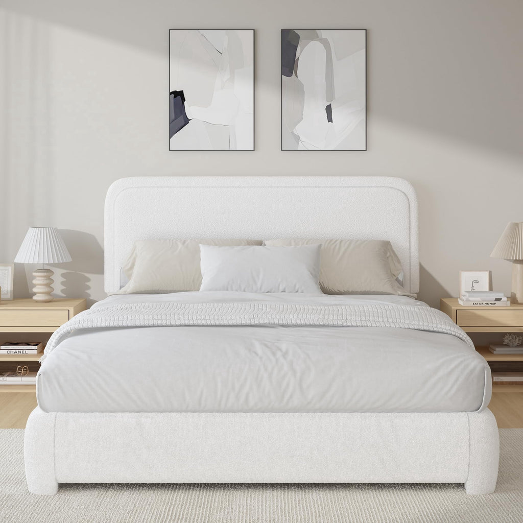 4 Ever Winner Boucle Upholstered Queen Bed Frame with Curved Headboard, White
