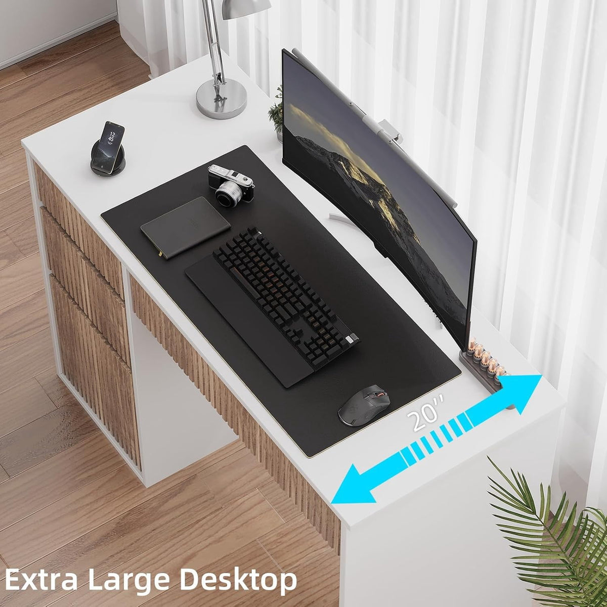 DreamCurship White Desk with 4 Drawers, 48 inch Computer Desk with Storage, Home Office Desks with Hidden Handle, White and Walnut