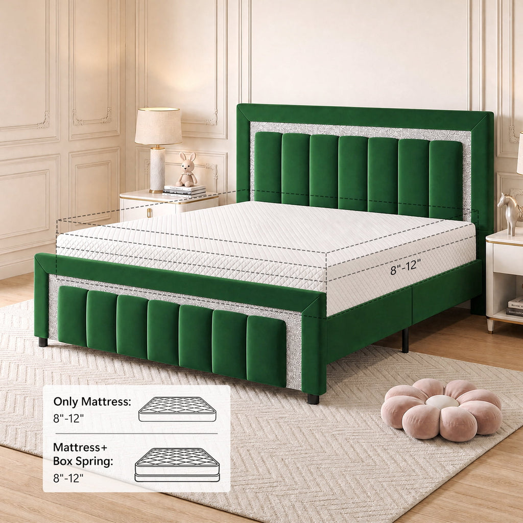 4 EVER WINNER Full Bed Frame with Headboard, Velvet Upholstered Platform Bed Frame Full Size with Diamond Headboard & Footboard, Wooden Slats Support, No Box Spring Required, Easy Assembly, Green