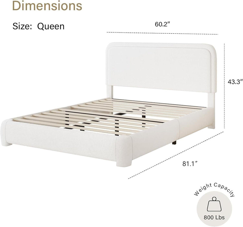 4 Ever Winner Boucle Upholstered Queen Bed Frame with Curved Headboard, White