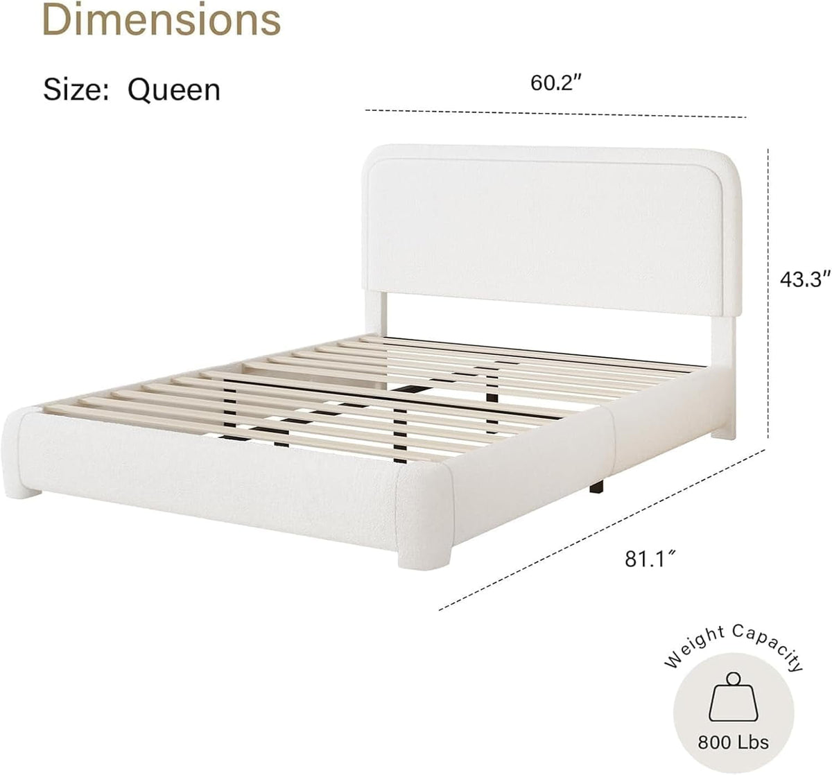 4 Ever Winner Boucle Upholstered Queen Bed Frame with Curved Headboard, White