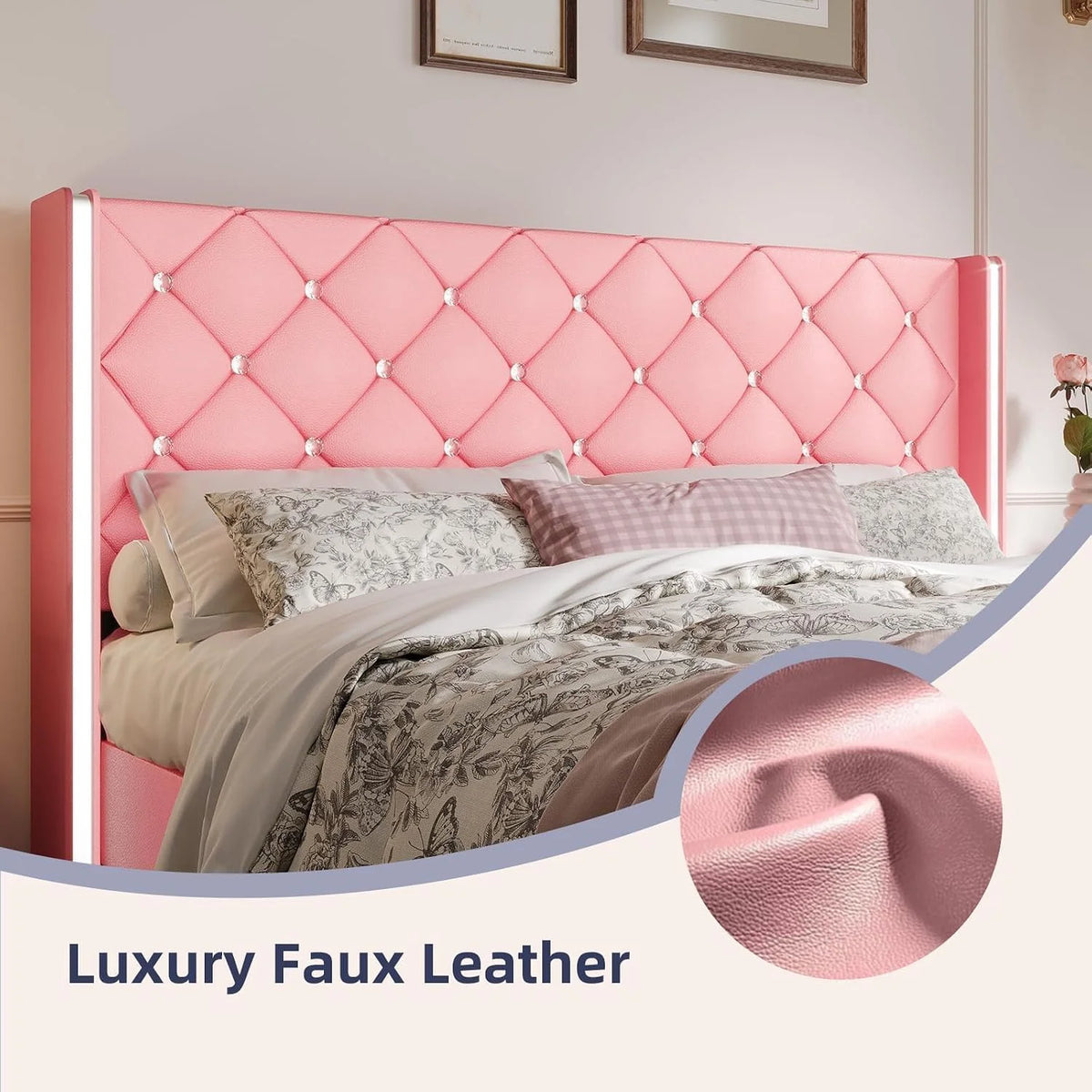DreamCurship Full Size Bed Frame, Pink Bed Frame with Headboard and Footboard, Modern Upholstered Bed Frame, Pink