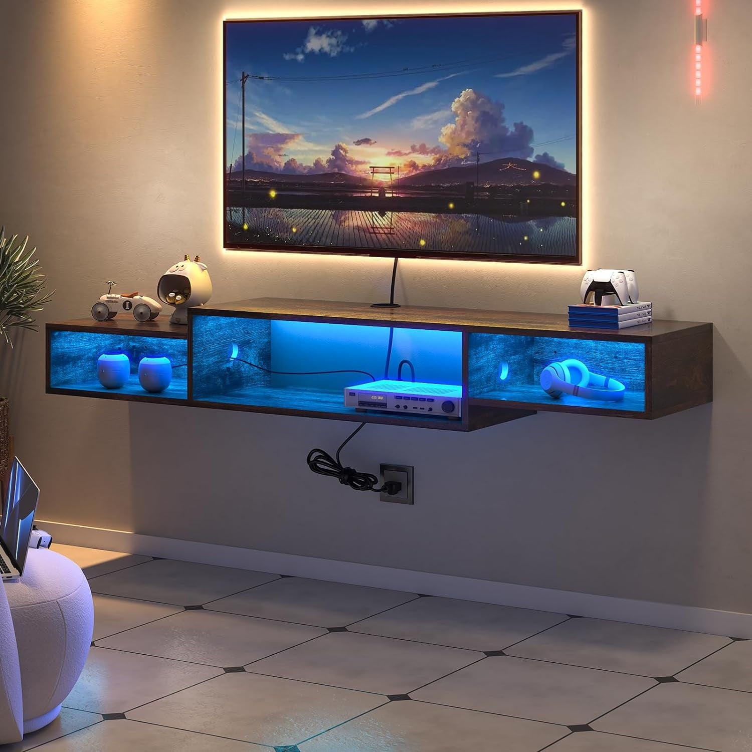 4 EVER WINNER 59" TV Stand, Floating TV Stand with LED Lights & Power Outlet, Wall Mounted Entertainment with Storage, Media Console Shelf for Living Room , Brown