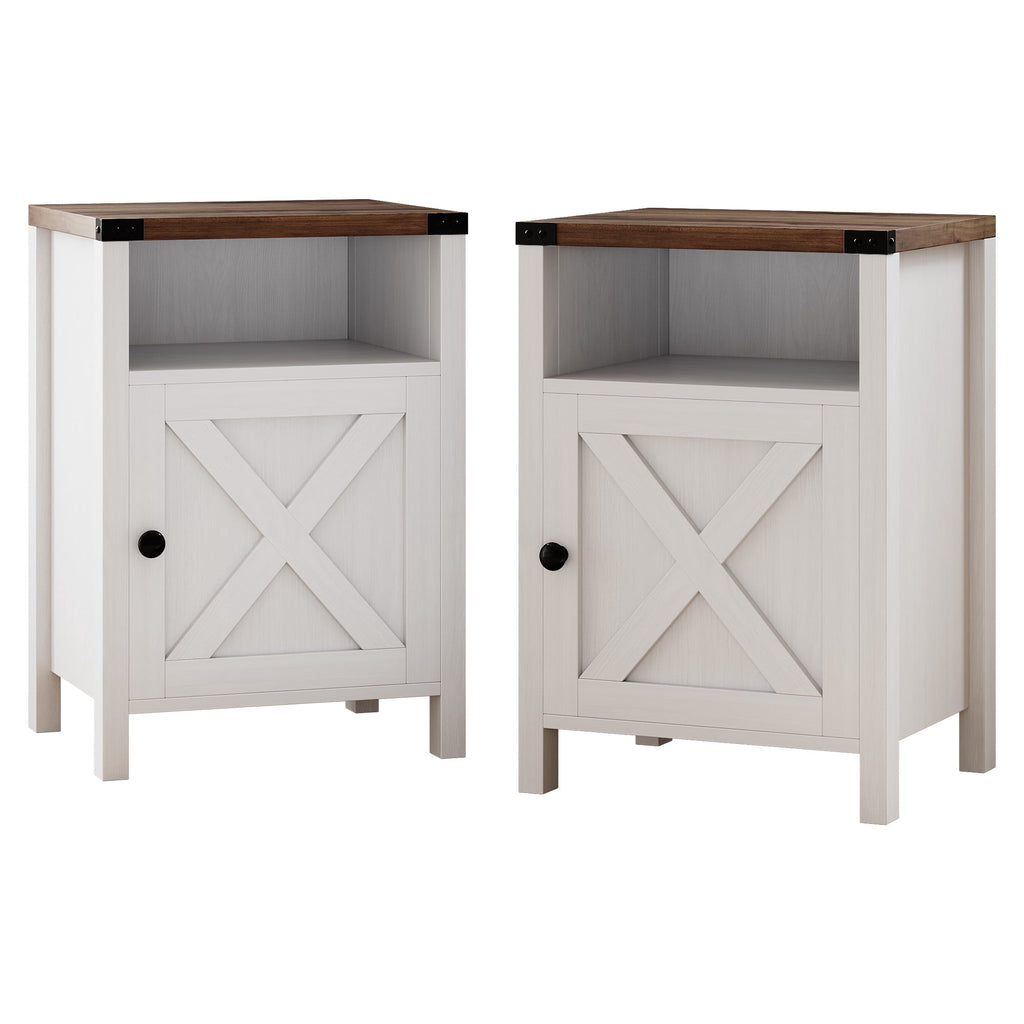 4 EVER WINNER Farmhouse 2-Pack Barn Door Side Tables, Cream White Storage End Tables, Cozy Bedside Tables for Bedroom & Living Room