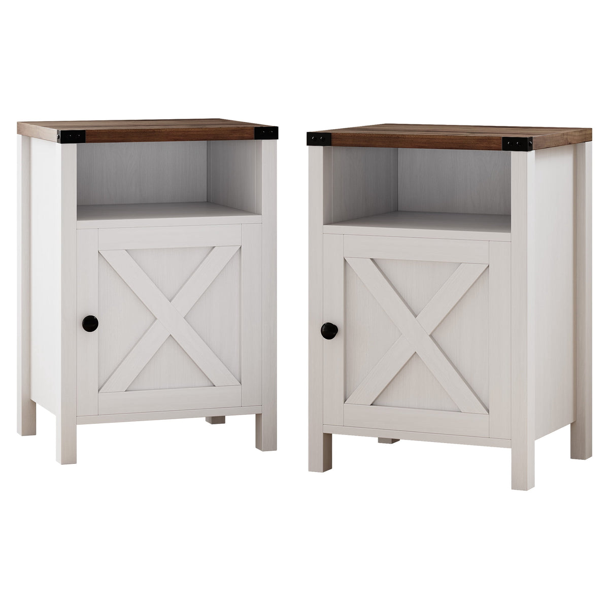 4 EVER WINNER Farmhouse 2-Pack Barn Door Side Tables, Cream White Storage End Tables, Cozy Bedside Tables for Bedroom & Living Room