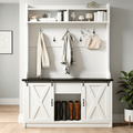 4 EVER WINNER 42 Inch White Farmhouse Hall Tree, entryway bench with 2 sliding barn doors, built-in coat rack and ample shoe storage for entryway use