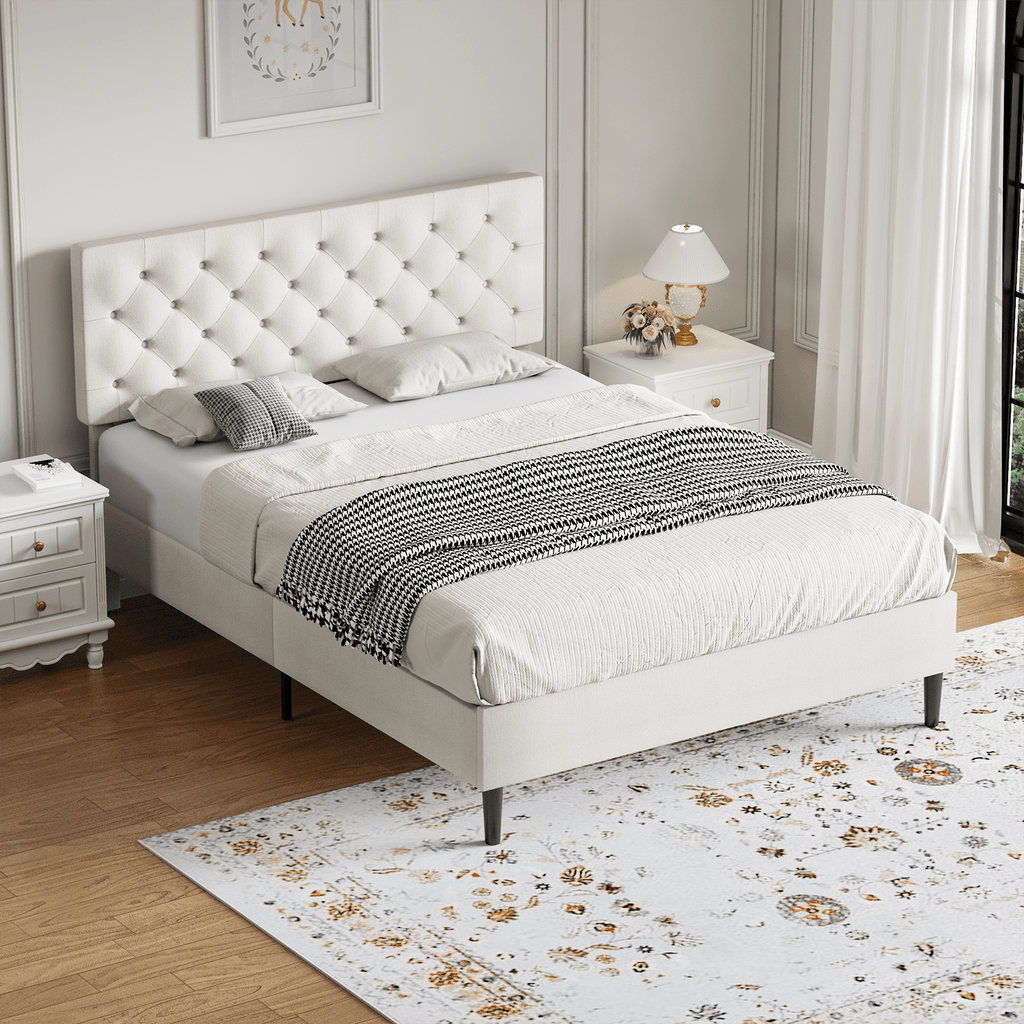 4 Ever Winner Queen Size Bed Frame, Upholstered Platform Bed with Headboard, Button Tufted Headboard, White