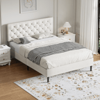 4 Ever Winner Queen Size Bed Frame, Upholstered Platform Bed with Headboard, Button Tufted Headboard, White