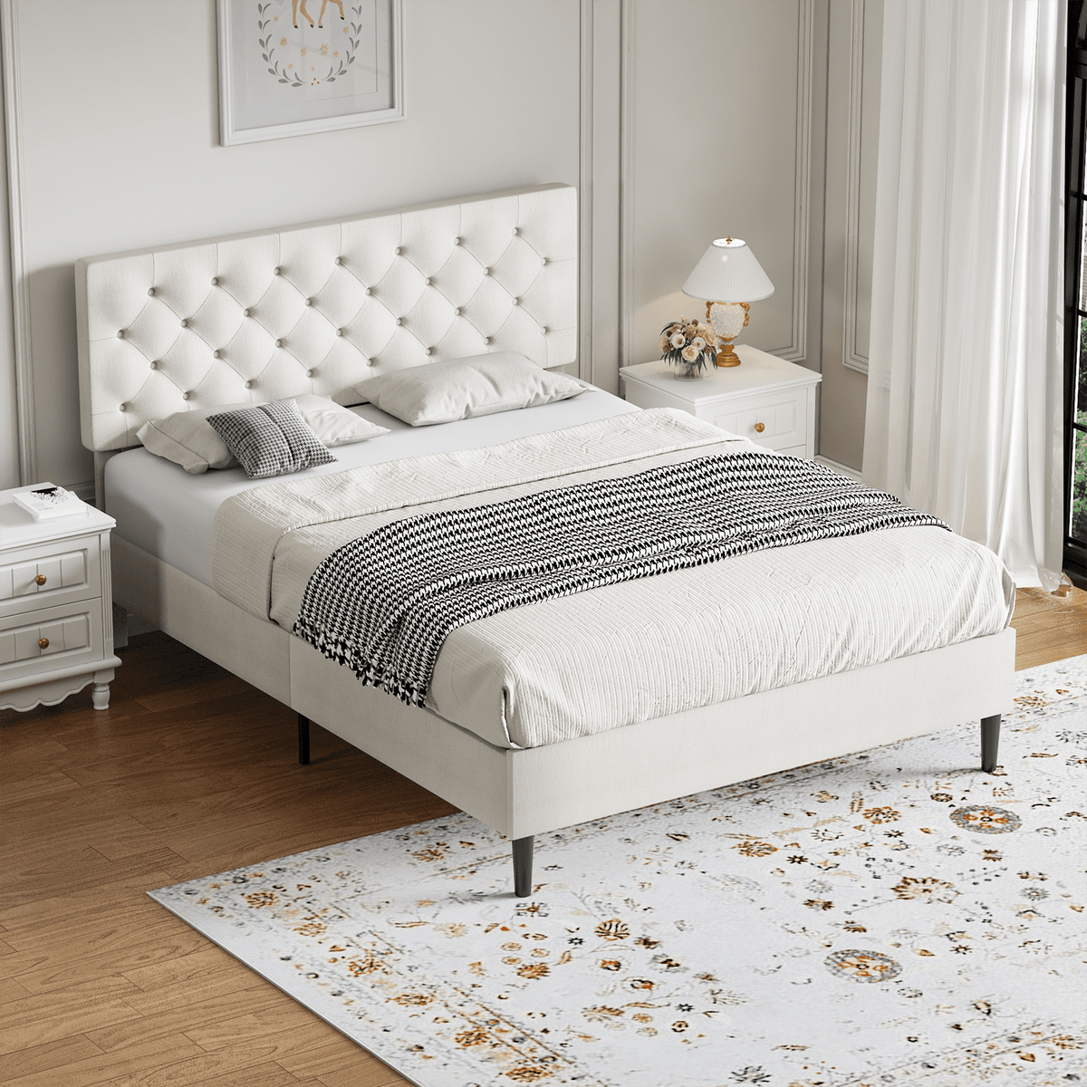 4 Ever Winner Queen Size Bed Frame, Upholstered Platform Bed with Headboard, Button Tufted Headboard, White