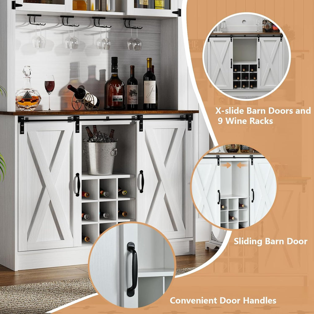 DreamCurship 72" Kitchen Pantry Cabinet with Microwave Stand, Freestanding Cupboard Storage Cabinet, Tall Buffet Cabinet with Hutch, Stemware Rack & Adjustable Shelves, White
