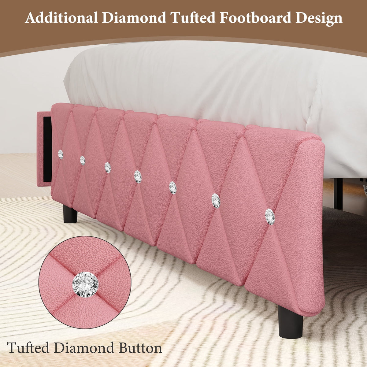 4 EVER WINNER Queen Size LED Bed Frame with 4 Drawers, Pink Queen Bed Frame with LED Light Headboard, Modern Upholstered Bed with Diamond Headboard and Footboard, Pink
