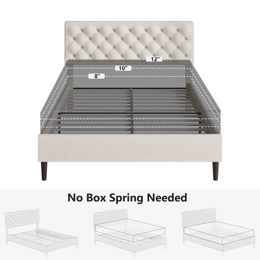 4 Ever Winner Queen Size Bed Frame, Upholstered Platform Bed with Headboard, Button Tufted Headboard, White