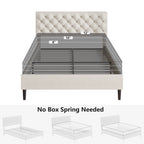 4 Ever Winner Queen Size Bed Frame, Upholstered Platform Bed with Headboard, Button Tufted Headboard, White