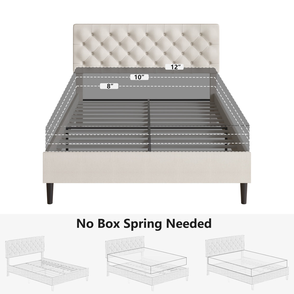 4 Ever Winner Queen Size Bed Frame, Upholstered Platform Bed with Headboard, Button Tufted Headboard, White