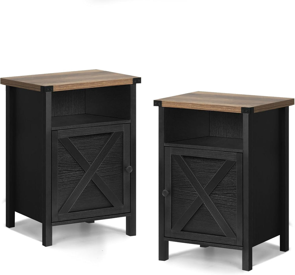 Farmhouse Nightstand Set of 2, Rustic End Table with Storage Cabinet and Shelf, End Table Set of 2 for Bedroom Living Room, Wood Night Stand Side Table, Black