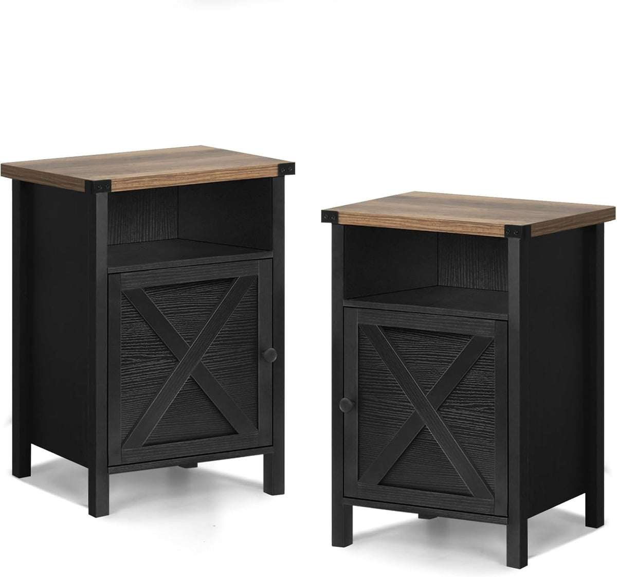 Farmhouse Nightstand Set of 2, Rustic End Table with Storage Cabinet and Shelf, End Table Set of 2 for Bedroom Living Room, Wood Night Stand Side Table, Black