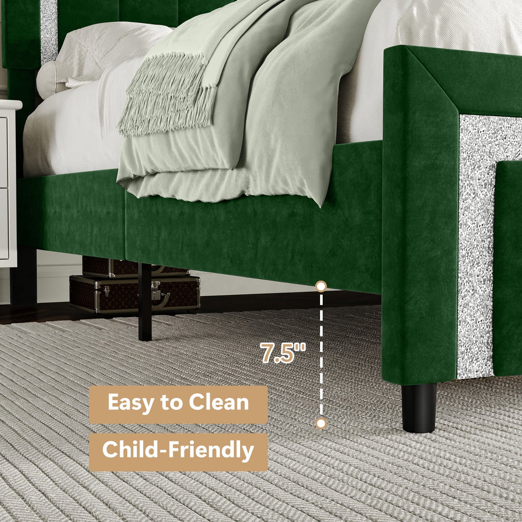 4 EVER WINNER Full Bed Frame with Headboard, Velvet Upholstered Platform Bed Frame Full Size with Diamond Headboard & Footboard, Wooden Slats Support, No Box Spring Required, Easy Assembly, Green