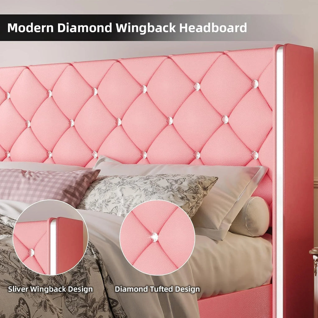 DreamCurship Full Size Bed Frame, Pink Bed Frame with Headboard and Footboard, Modern Upholstered Bed Frame, Pink