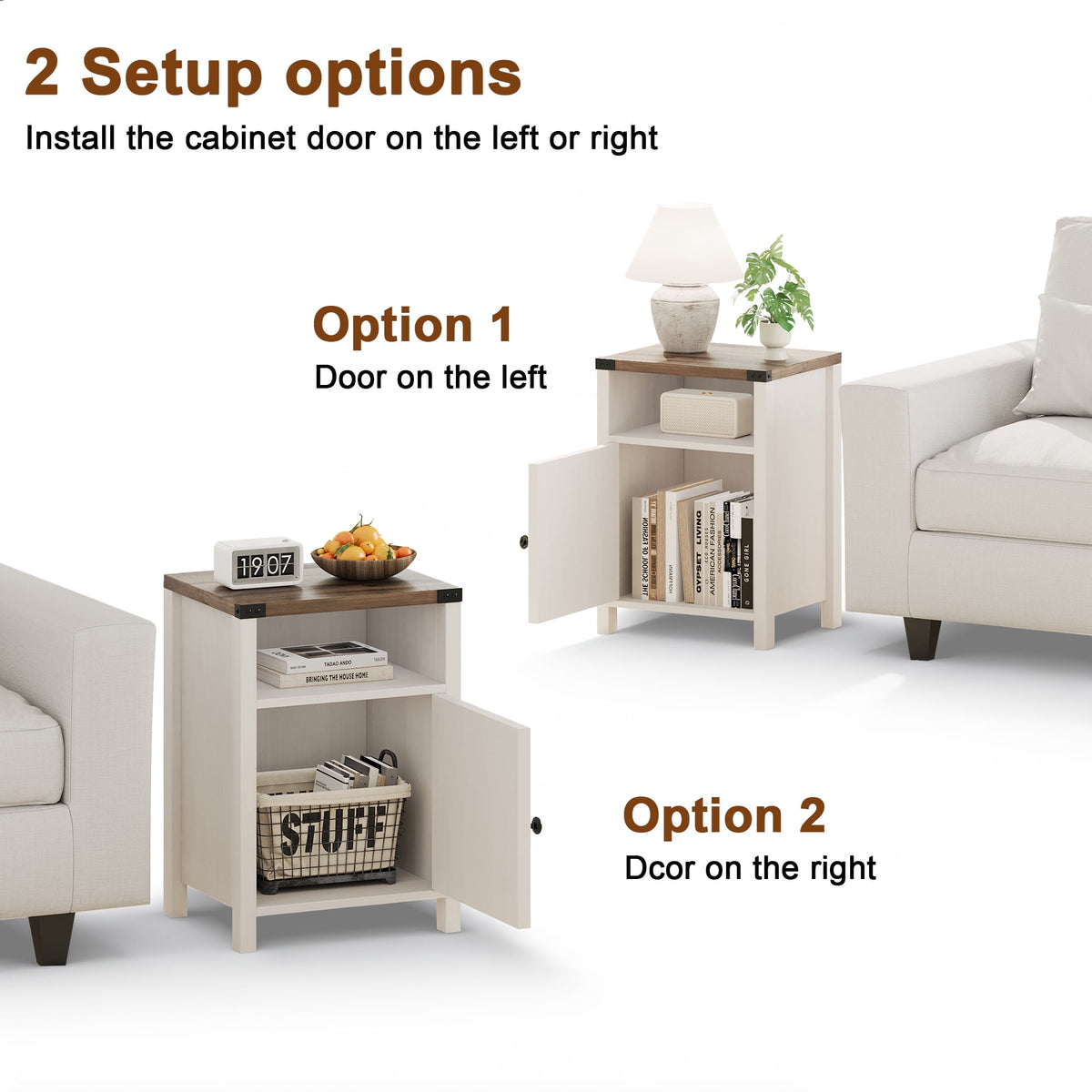 4 EVER WINNER Farmhouse 2-Pack Barn Door Side Tables, Cream White Storage End Tables, Cozy Bedside Tables for Bedroom & Living Room