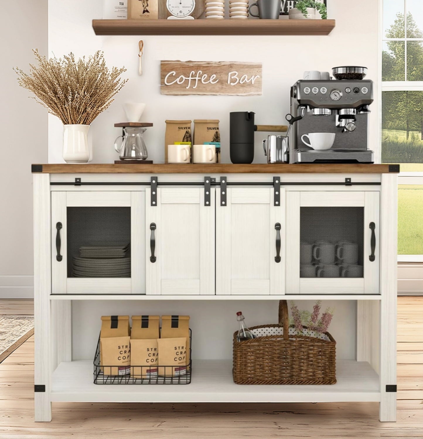 4 EVER WINNER 47" Farmhouse Coffee Bar Cabinet with Storage, Buffet Cabinet Sideboard Storage Cabinet, White