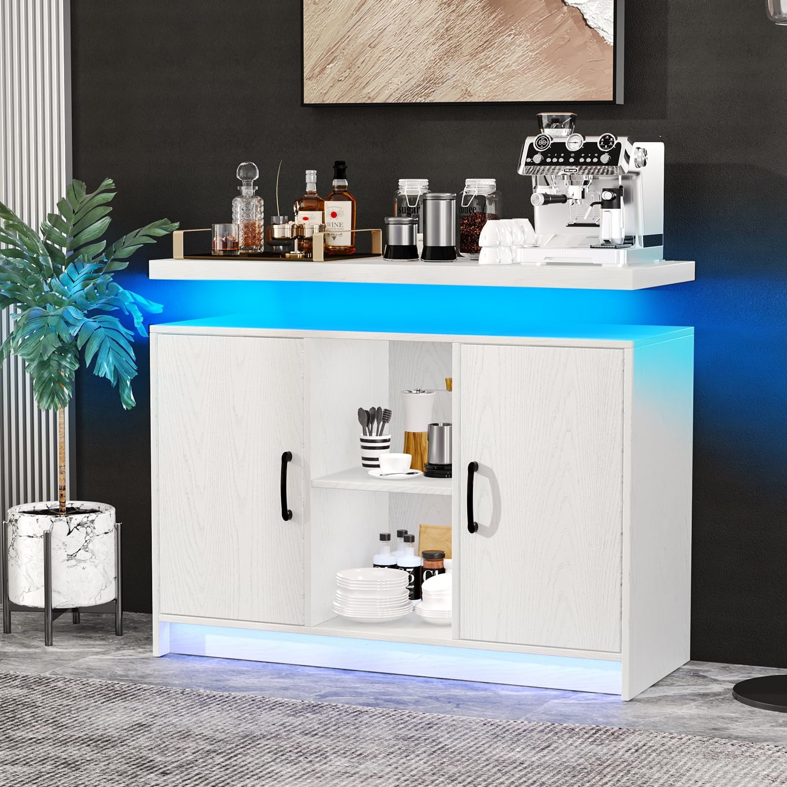 4 EVER WINNER LED Sideboard Buffet Cabinet, White Wine Bar Cabinet with LED Light, Coffee Bar Cabinet with Charging Station, White